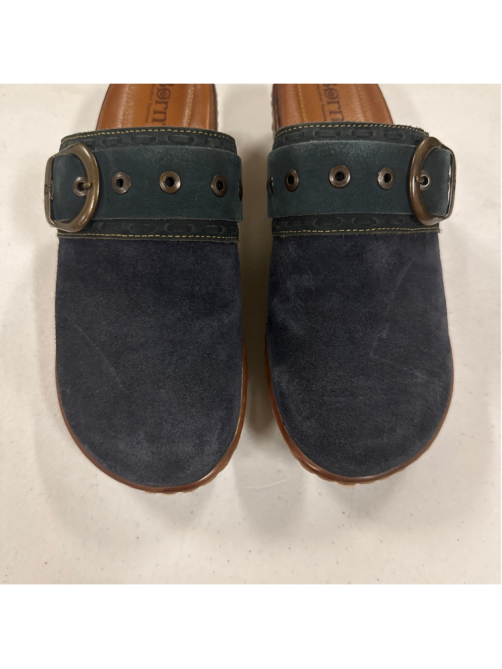 Women's Born Suede Clogs Size 9 Blue Brown Buckle Mules